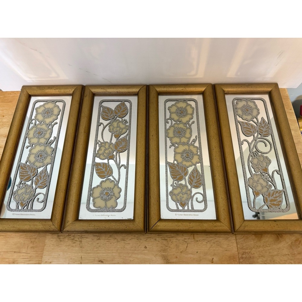 Vintage Turner Wall Accessories Floral set Mirrored Decor 11x5" each Granny Gold